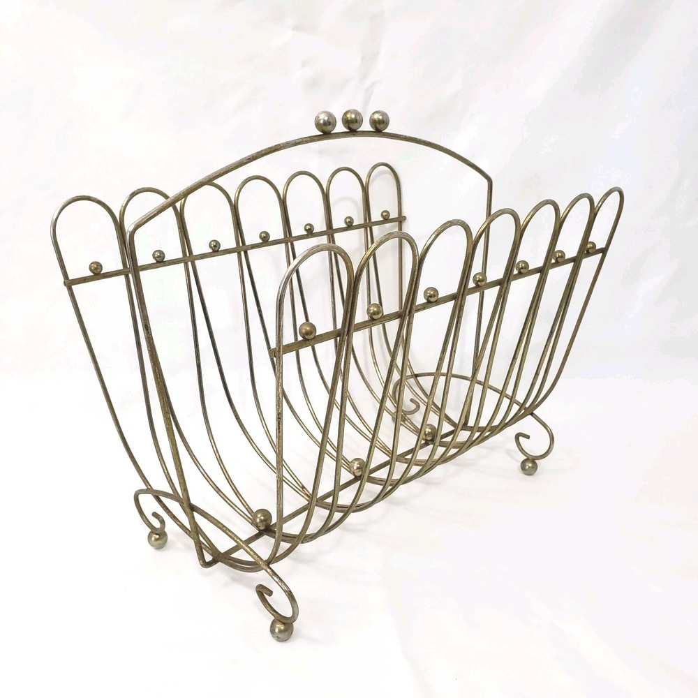 MCM Mid Century Modern Magazine Rack Vintage Mod Brass Gold Atomic Ball Design